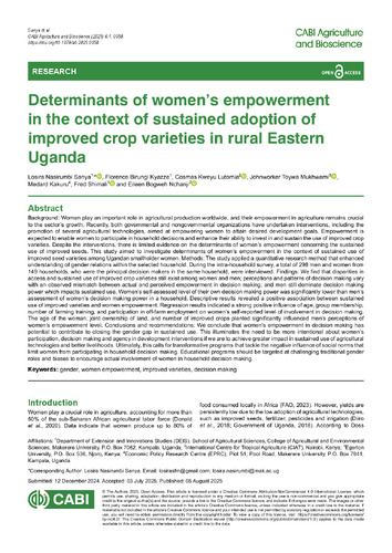 Determinants of women’s empowerment in the context of sustained adoption of improved crop varieties in rural Eastern Uganda